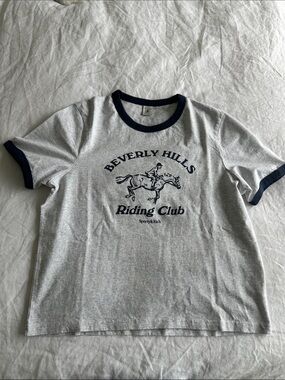 Sporty & Rich Grey Tee with Navy Ringer Trim and Riding Graphic